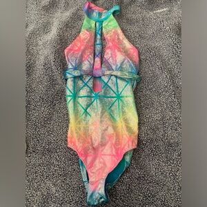IheartRaves geometric rainbow halter cut-out bodysuit